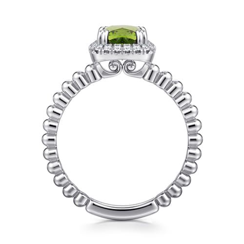 14K White Gold Cushion Cut Peridot and Diamond Halo Promise Ring
