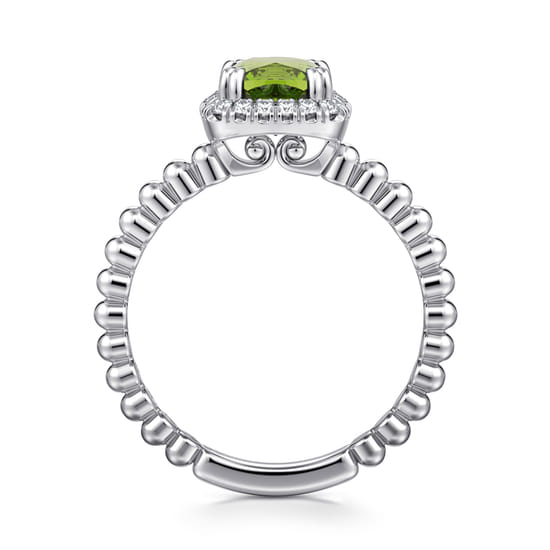 14K White Gold Cushion Cut Peridot and Diamond Halo Promise Ring angle 2 14K White Gold Cushion Cut Peridot and Diamond Halo Promise Ring angle 2