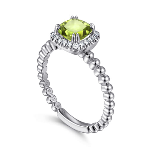 14K White Gold Cushion Cut Peridot and Diamond Halo Promise Ring