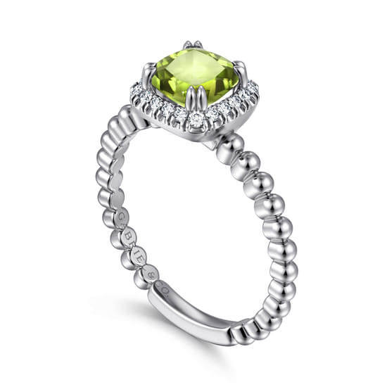 14K White Gold Cushion Cut Peridot and Diamond Halo Promise Ring angle 3 14K White Gold Cushion Cut Peridot and Diamond Halo Promise Ring angle 3