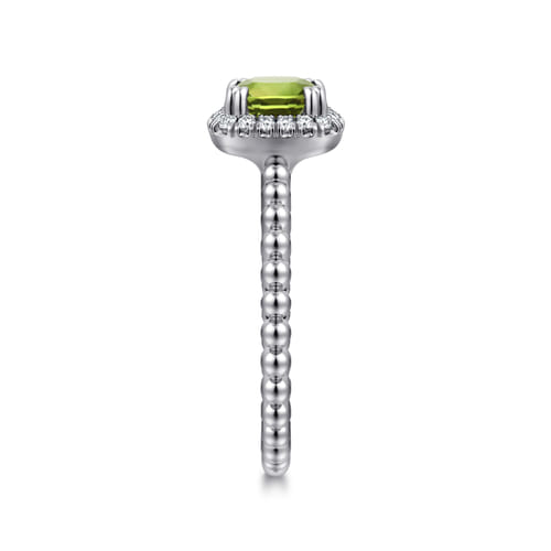 14K White Gold Cushion Cut Peridot and Diamond Halo Promise Ring
