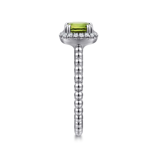 14K White Gold Cushion Cut Peridot and Diamond Halo Promise Ring angle 4 14K White Gold Cushion Cut Peridot and Diamond Halo Promise Ring angle 4