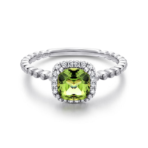 14K White Gold Cushion Cut Peridot and Diamond Halo Ring