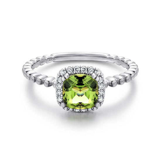 Gabriel - 14K White Gold Cushion Cut Peridot and Diamond Halo Ring