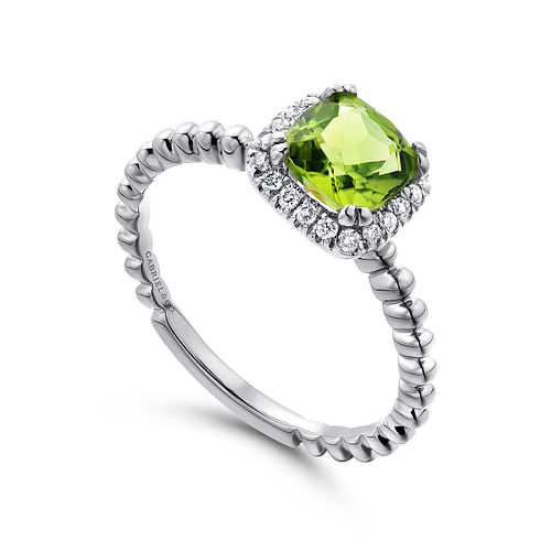 14K White Gold Cushion Cut Peridot and Diamond Halo Ring