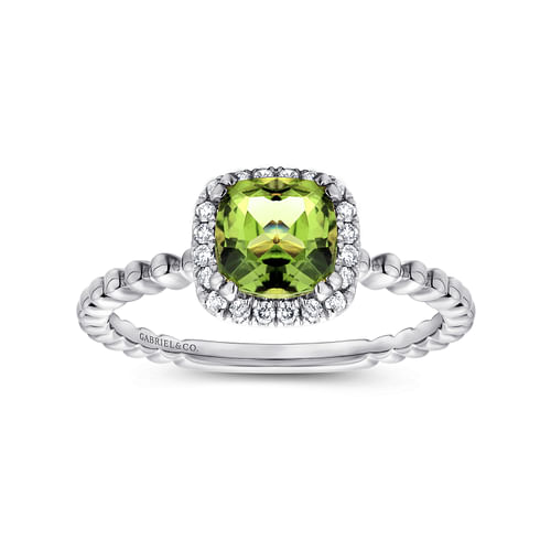 14K White Gold Cushion Cut Peridot and Diamond Halo Ring