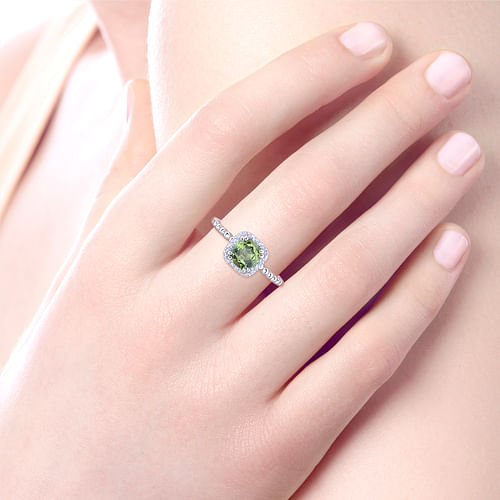 14K White Gold Cushion Cut Peridot and Diamond Halo Ring