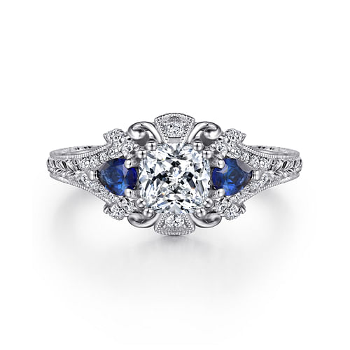 14K White Gold Cushion Cut Sapphire and Diamond Engagement Ring