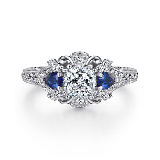 Gabriel - 14K White Gold Cushion Cut Sapphire and Diamond Engagement Ring