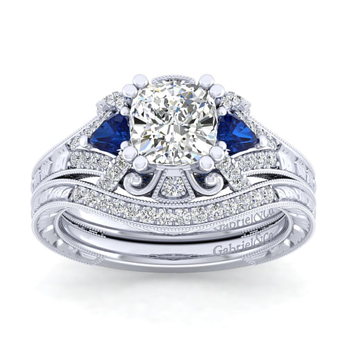 14K White Gold Cushion Cut Sapphire and Diamond Engagement Ring