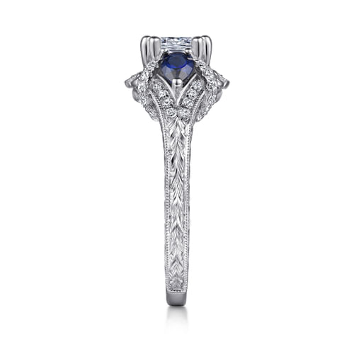 14K White Gold Cushion Cut Sapphire and Diamond Engagement Ring