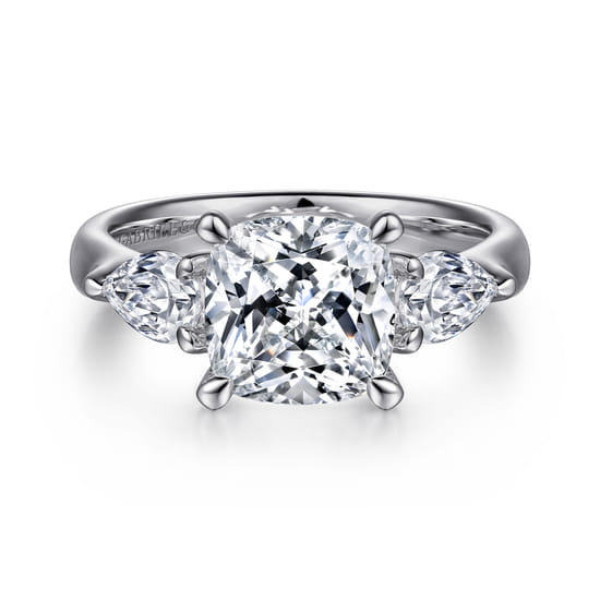 14K White Gold Cushion Cut Three Stone Diamond Engagement Ring