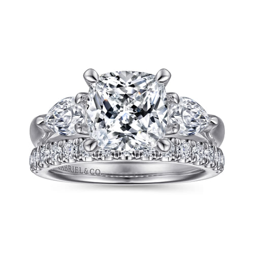 14K White Gold Cushion Cut Three Stone Diamond Engagement Ring
