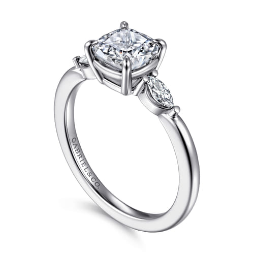 14K White Gold Cushion Cut Three Stone Diamond Engagement Ring