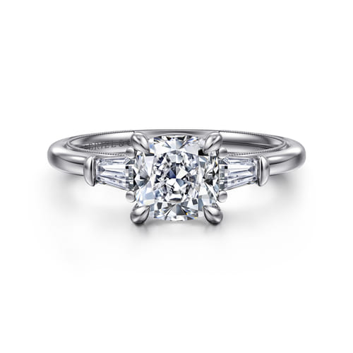 14K White Gold Cushion Cut Three Stone Diamond Engagement Ring