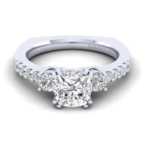 14K White Gold Cushion Cut Three Stone Diamond Engagement Ring