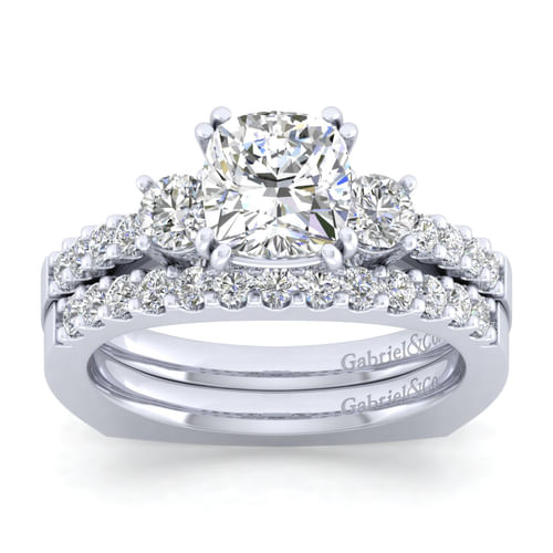 14K White Gold Cushion Cut Three Stone Diamond Engagement Ring