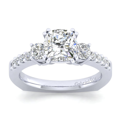 14K White Gold Cushion Cut Three Stone Diamond Engagement Ring