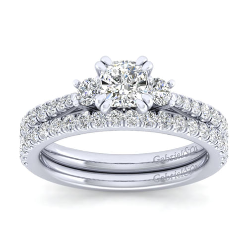 14K White Gold Cushion Cut Three Stone Diamond Engagement Ring