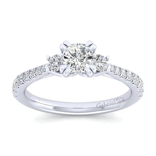 14K White Gold Cushion Cut Three Stone Diamond Engagement Ring