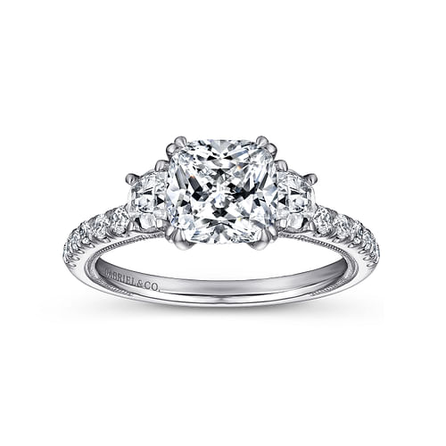 14K White Gold Cushion Cut Three Stone Diamond Engagement Ring