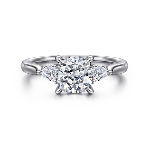 14K White Gold Cushion Cut Three Stone Lotus Diamond Engagement Ring