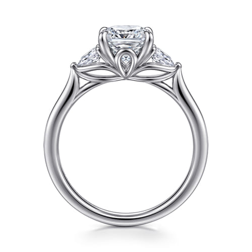 14K White Gold Cushion Cut Three Stone Lotus Diamond Engagement Ring