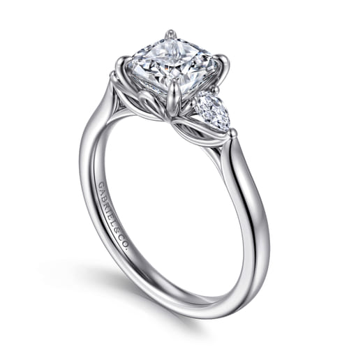 14K White Gold Cushion Cut Three Stone Lotus Diamond Engagement Ring