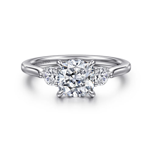 14K White Gold Cushion Cut Three Stone Lotus Diamond Engagement Ring