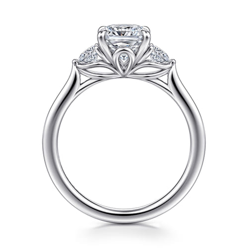 14K White Gold Cushion Cut Three Stone Lotus Diamond Engagement Ring