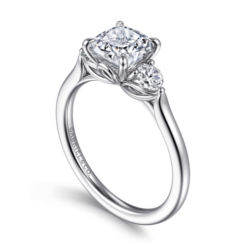 14K White Gold Cushion Cut Three Stone Lotus Diamond Engagement Ring