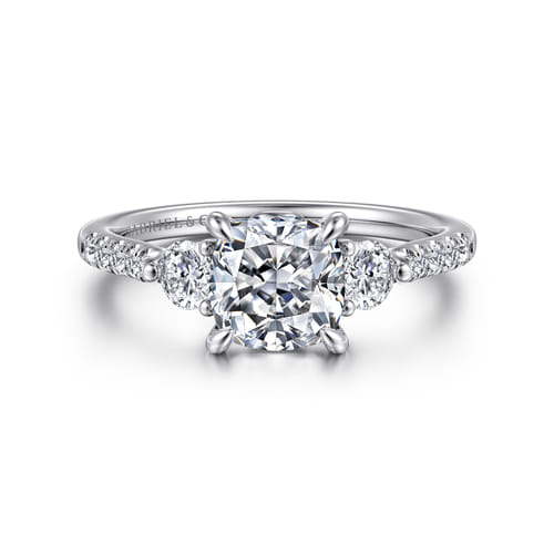 14K White Gold Cushion Cut Three Stone Lotus Diamond Engagement Ring