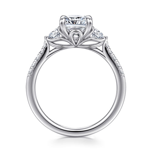 14K White Gold Cushion Cut Three Stone Lotus Diamond Engagement Ring