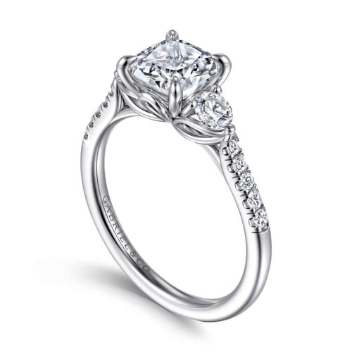 14K White Gold Cushion Cut Three Stone Lotus Diamond Engagement Ring