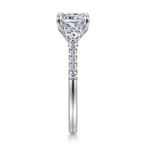 14K White Gold Cushion Cut Three Stone Lotus Diamond Engagement Ring
