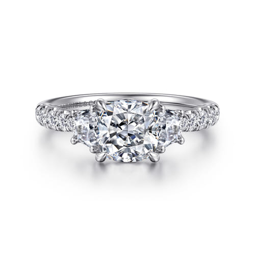 14K White Gold Cushion Cut Three Stone Lotus Diamond Engagement Ring
