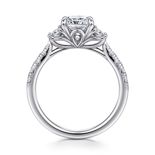 14K White Gold Cushion Cut Three Stone Lotus Diamond Engagement Ring