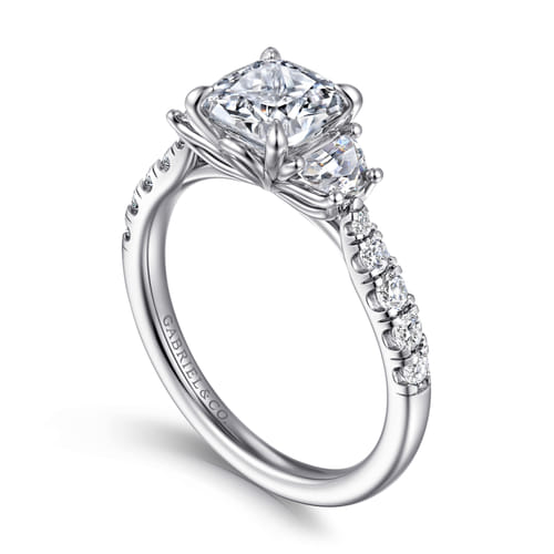 14K White Gold Cushion Cut Three Stone Lotus Diamond Engagement Ring