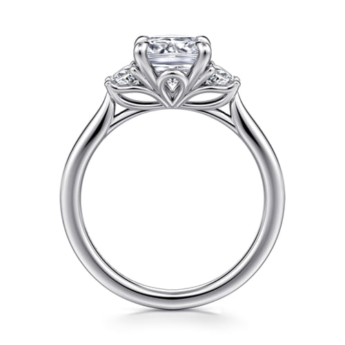 14K White Gold Cushion Cut Three Stone Lotus Diamond Engagement Ring