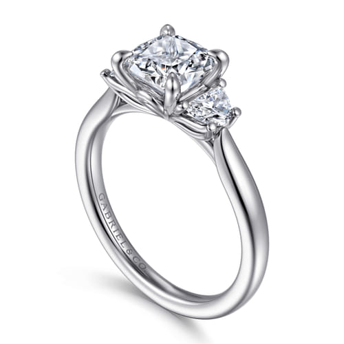 14K White Gold Cushion Cut Three Stone Lotus Diamond Engagement Ring
