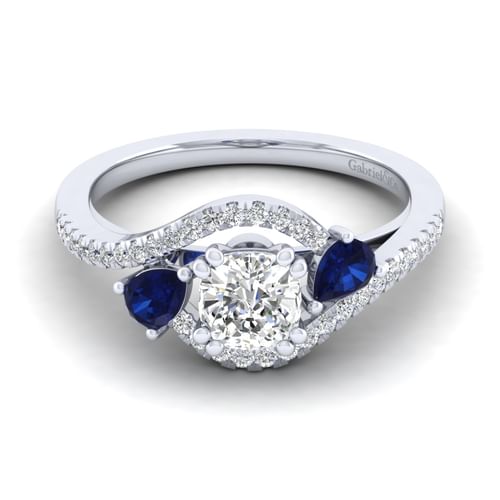 14K White Gold Cushion Cut Three Stone Sapphire and Diamond Engagement Ring