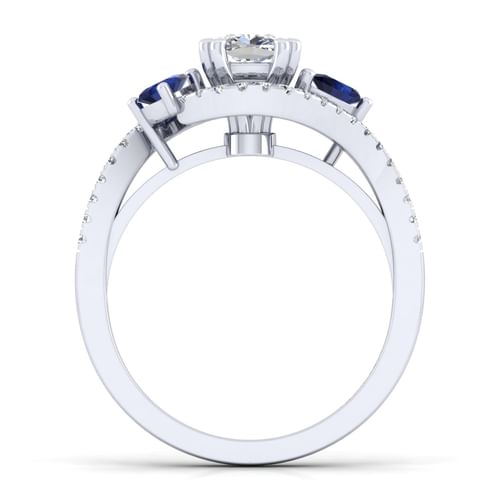14K White Gold Cushion Cut Three Stone Sapphire and Diamond Engagement Ring