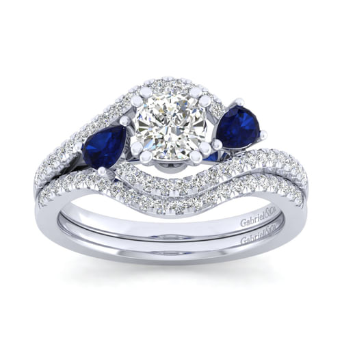 14K White Gold Cushion Cut Three Stone Sapphire and Diamond Engagement Ring