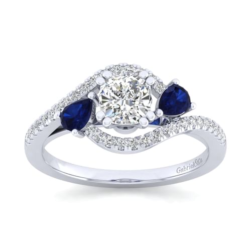 14K White Gold Cushion Cut Three Stone Sapphire and Diamond Engagement Ring