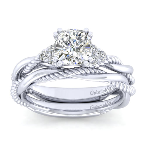 14K White Gold Cushion Cut Twisted Diamond Engagement Ring