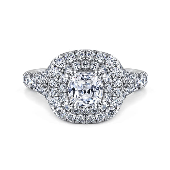 Gabriel - 14K White Gold Cushion Double Halo Diamond Engagement Ring
