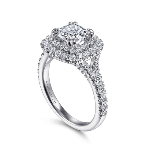 14K White Gold Cushion Double Halo Diamond Engagement Ring