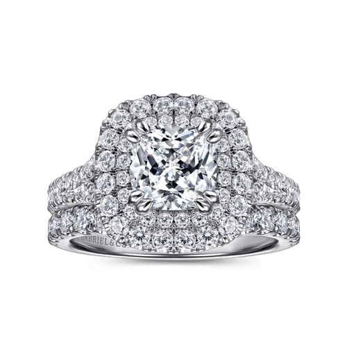 14K White Gold Cushion Double Halo Diamond Engagement Ring