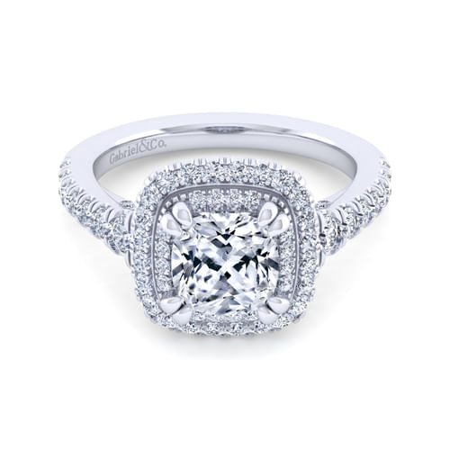 14K White Gold Cushion Double Halo Diamond Engagement Ring