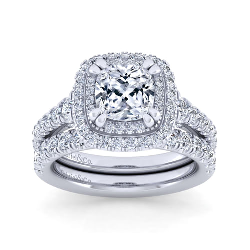 14K White Gold Cushion Double Halo Diamond Engagement Ring